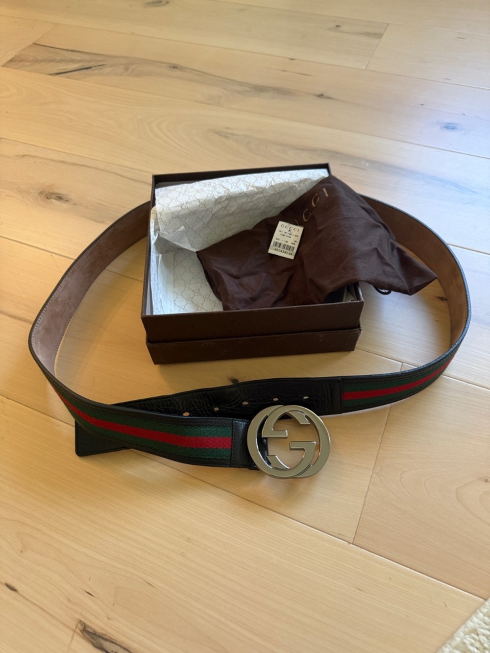 Gucci Men's Green and Red Web Stripe Belt with Silver GG Buckle
